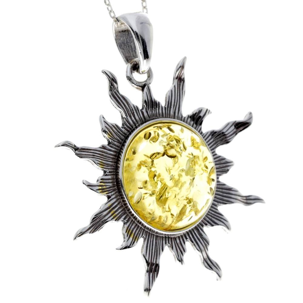 925 Sterling Silver & Genuine Baltic Amber Large Start / Sun Pendant - 1864