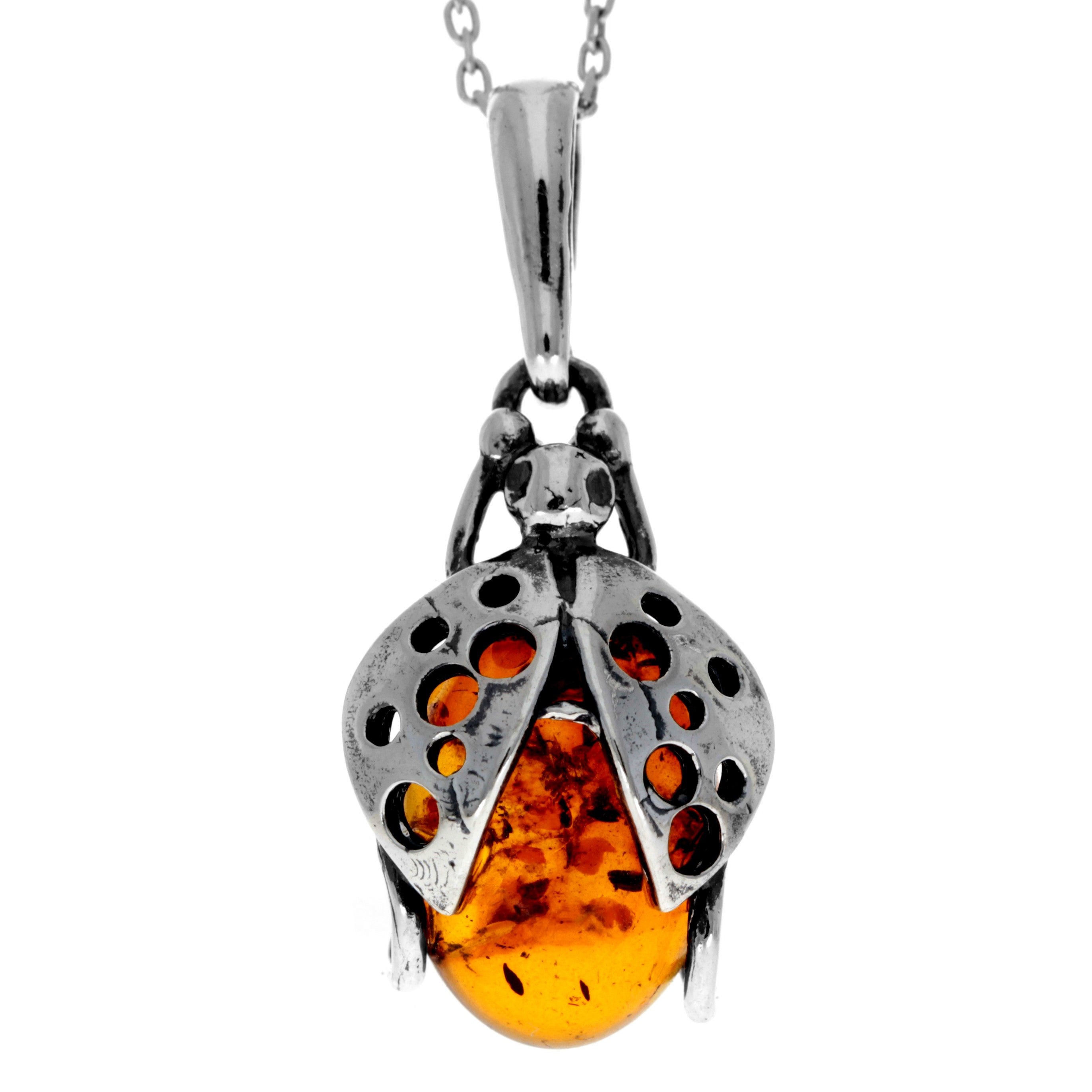 925 Sterling Silver & Genuine Baltic Amber Classic  Ladybird  Pendant - 1931