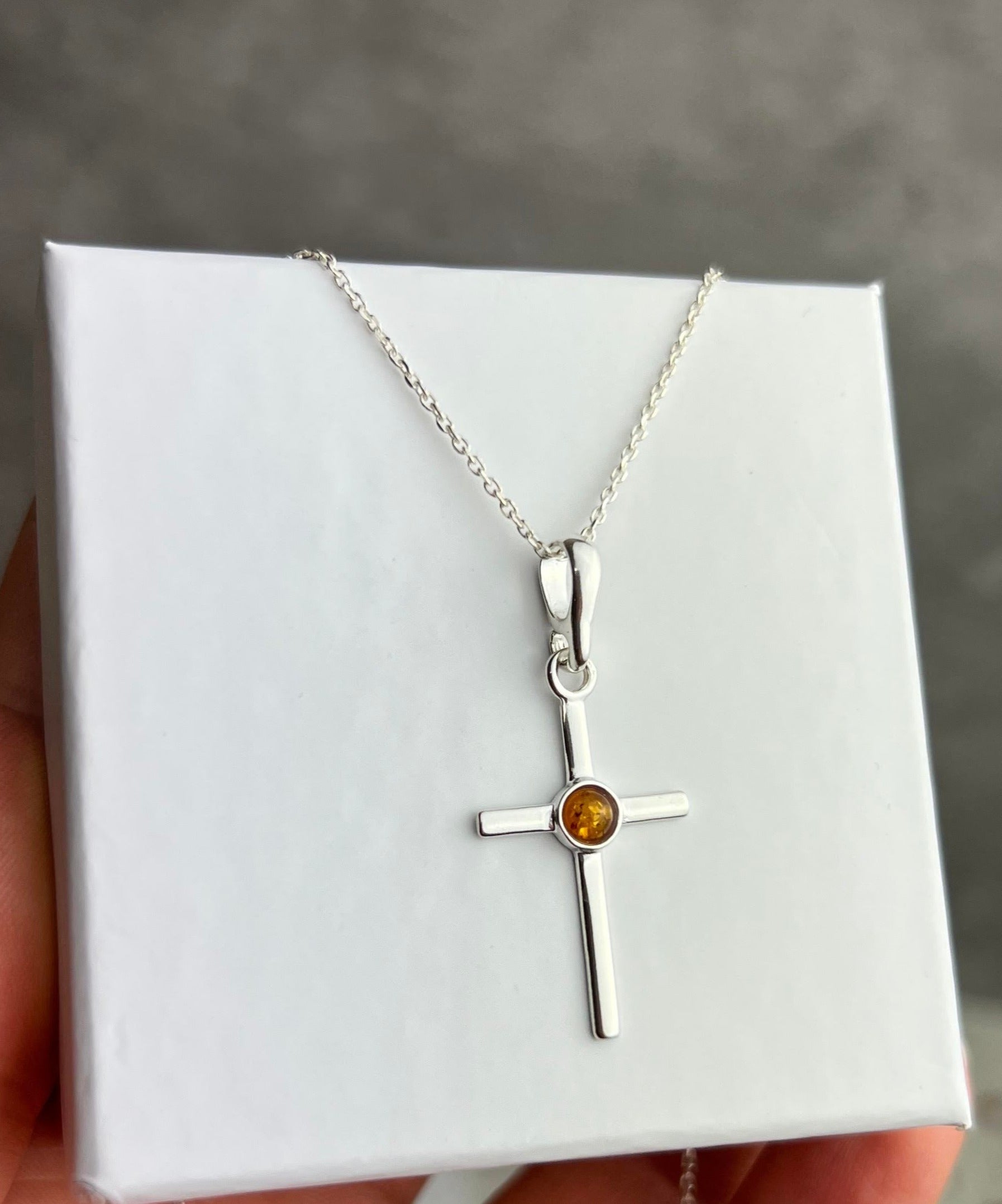 925 Sterling Silver & Genuine Baltic Amber Classic Cross Pendant - 1987