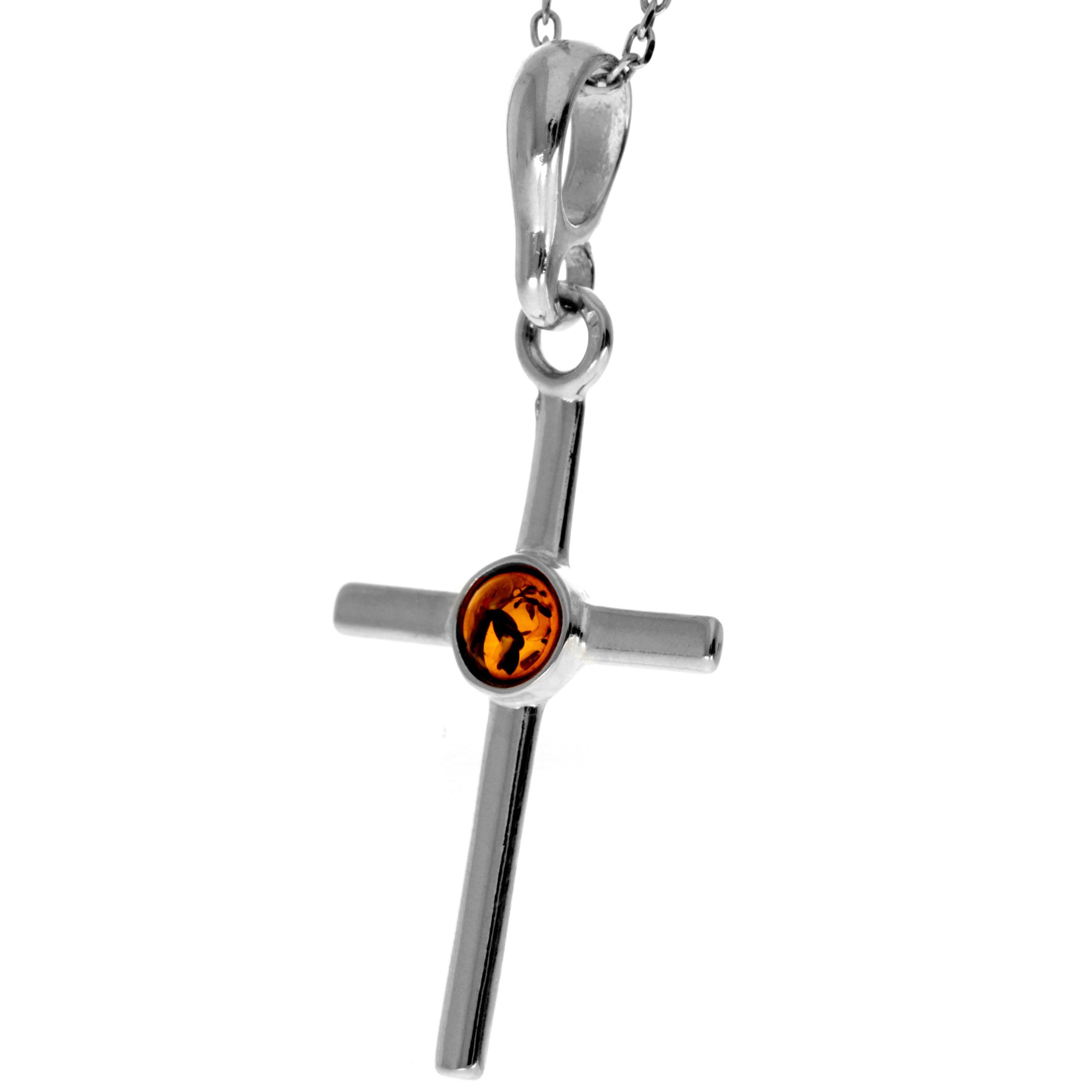 925 Sterling Silver & Genuine Baltic Amber Classic Cross Pendant - 1987