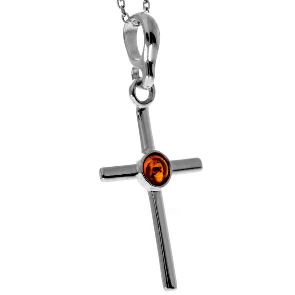 925 Sterling Silver & Genuine Baltic Amber Classic Cross Pendant - 1987