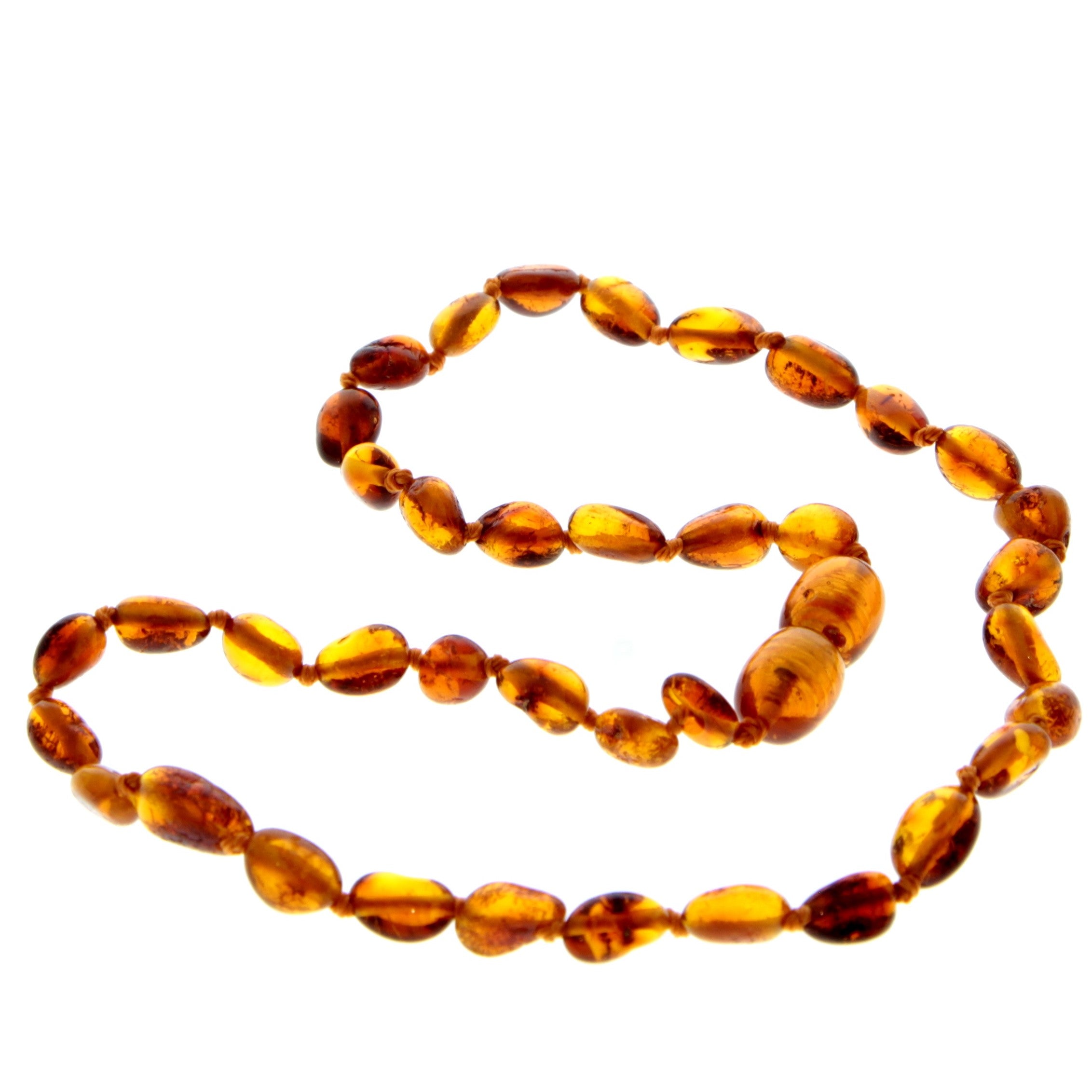 Genuine Baltic Amber Polished BEANS Beaded Necklace in various colours & sizes. All beads knotted in between.