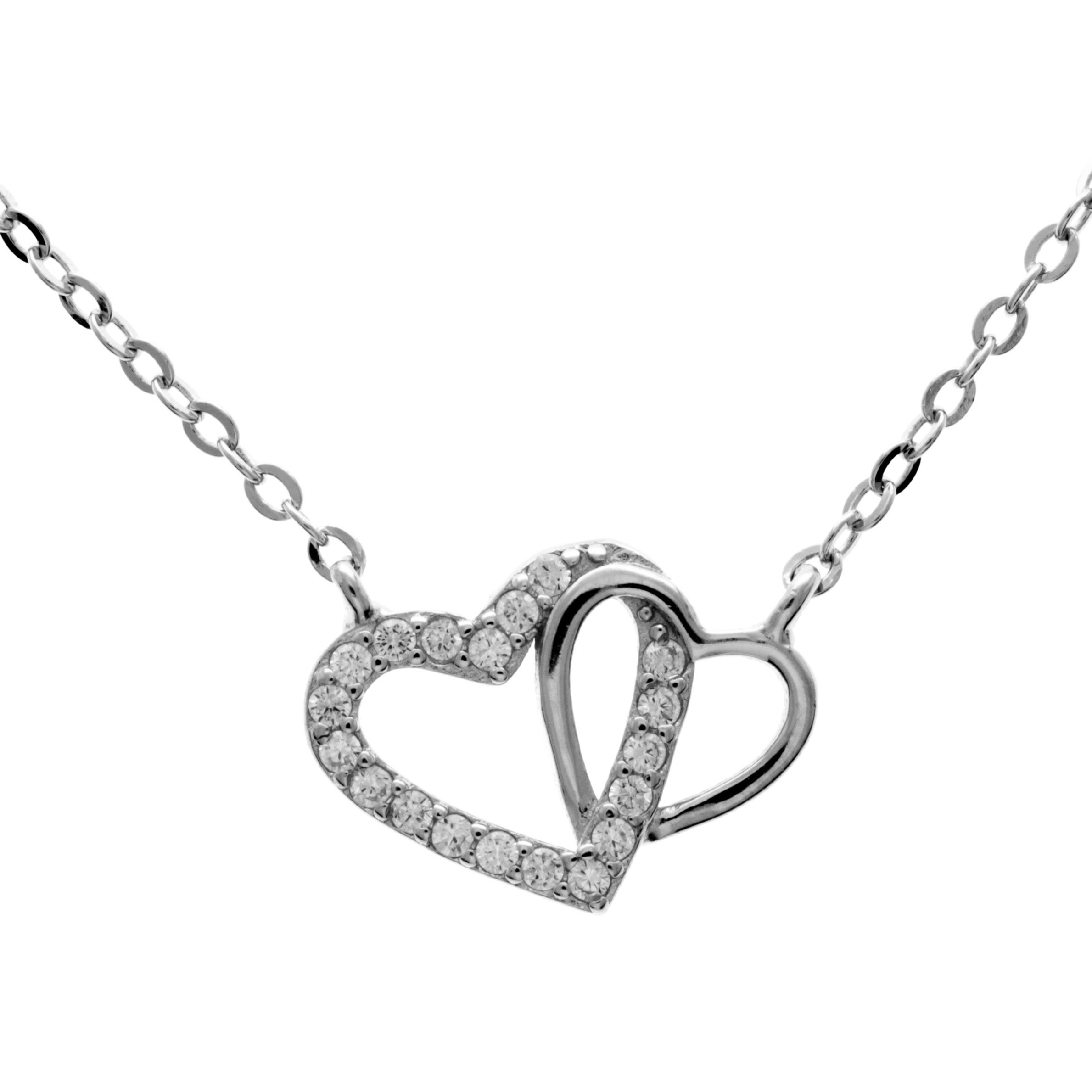 925 Sterling Silver Rhodium Plated  Love Heart with Cubic Zirconia Stones  Neckles  -CH-1043-N
