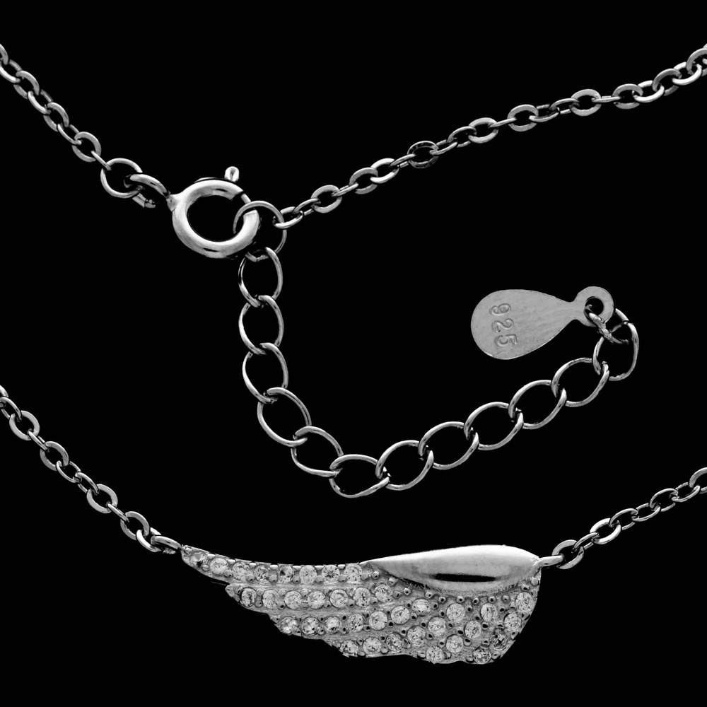 925 Sterling Silver Rhodium Plated Angel Wing with Cubic Zirconia Stones Neckles - CH-1045-N