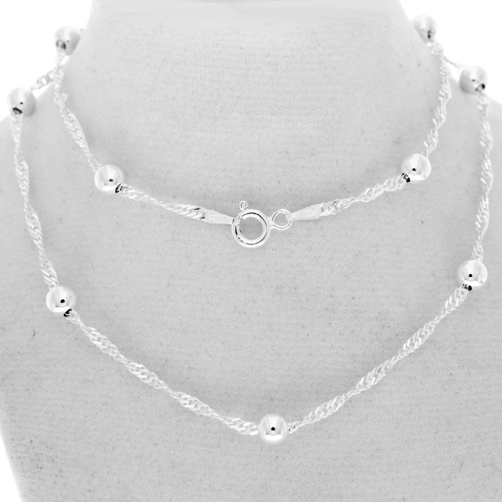 Made in Italy - 925 Sterling Silver Rhodium Ball Beads Singapore Chain Necklace - SING01