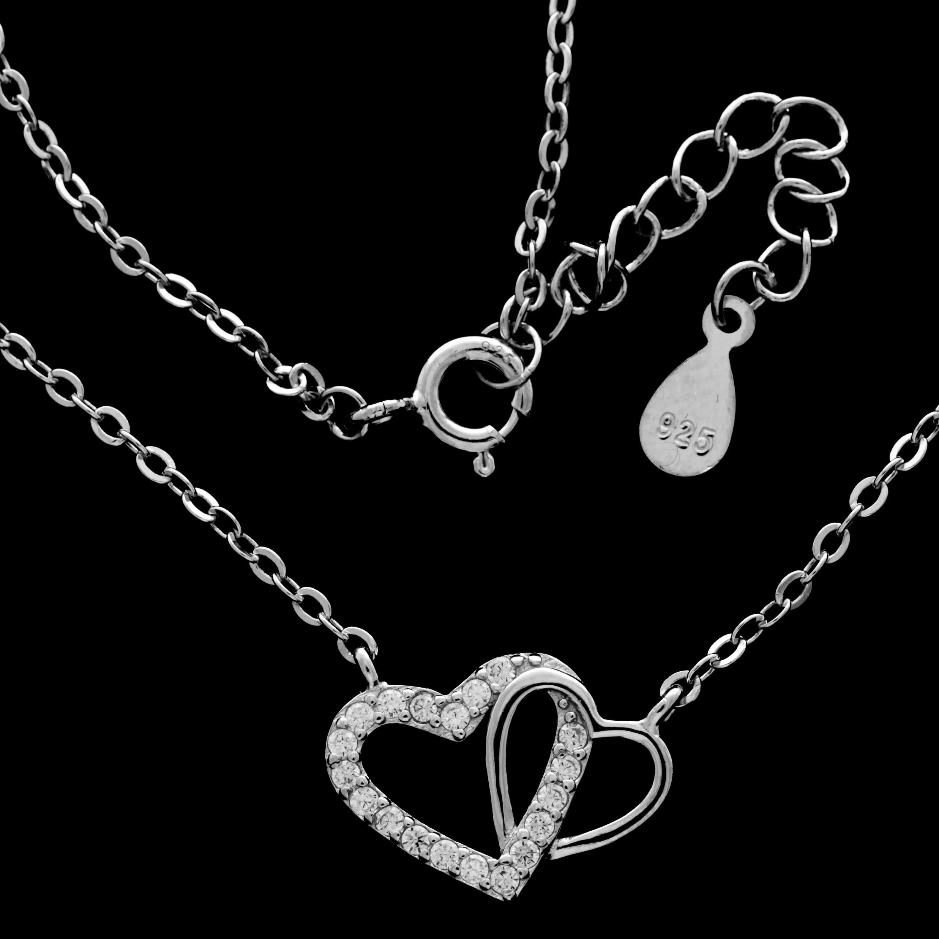 925 Sterling Silver Rhodium Plated  Love Heart with Cubic Zirconia Stones  Neckles  -CH-1043-N