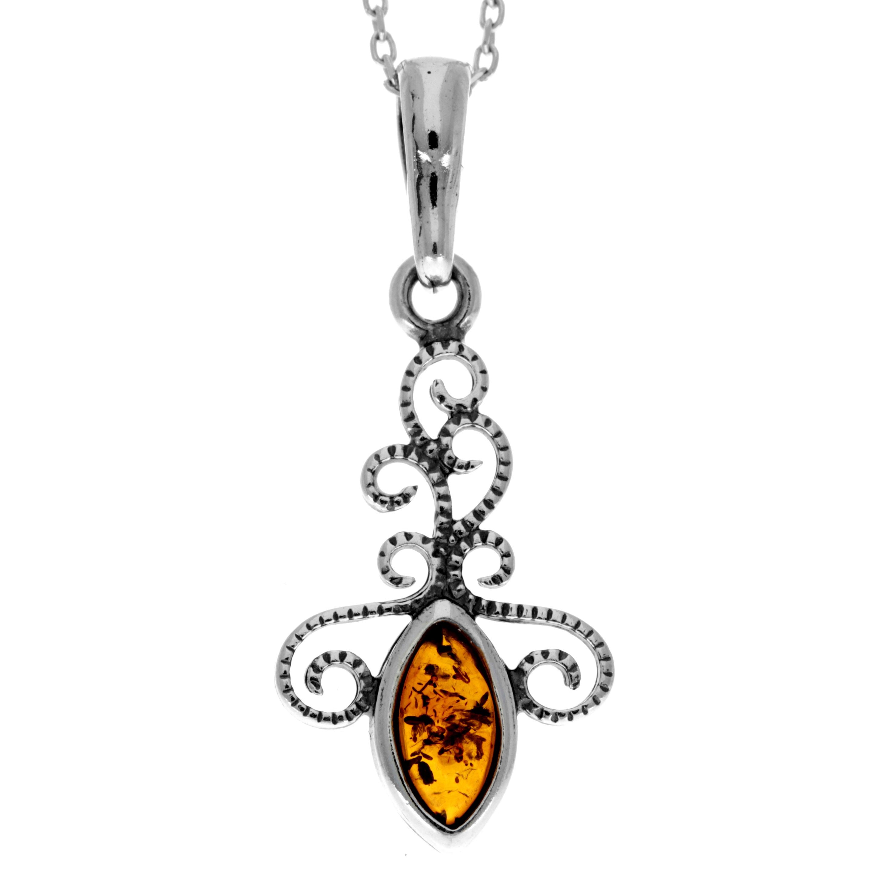 925 Sterling Silver & Genuine Baltic Amber Classic Marquise Pendant - 303