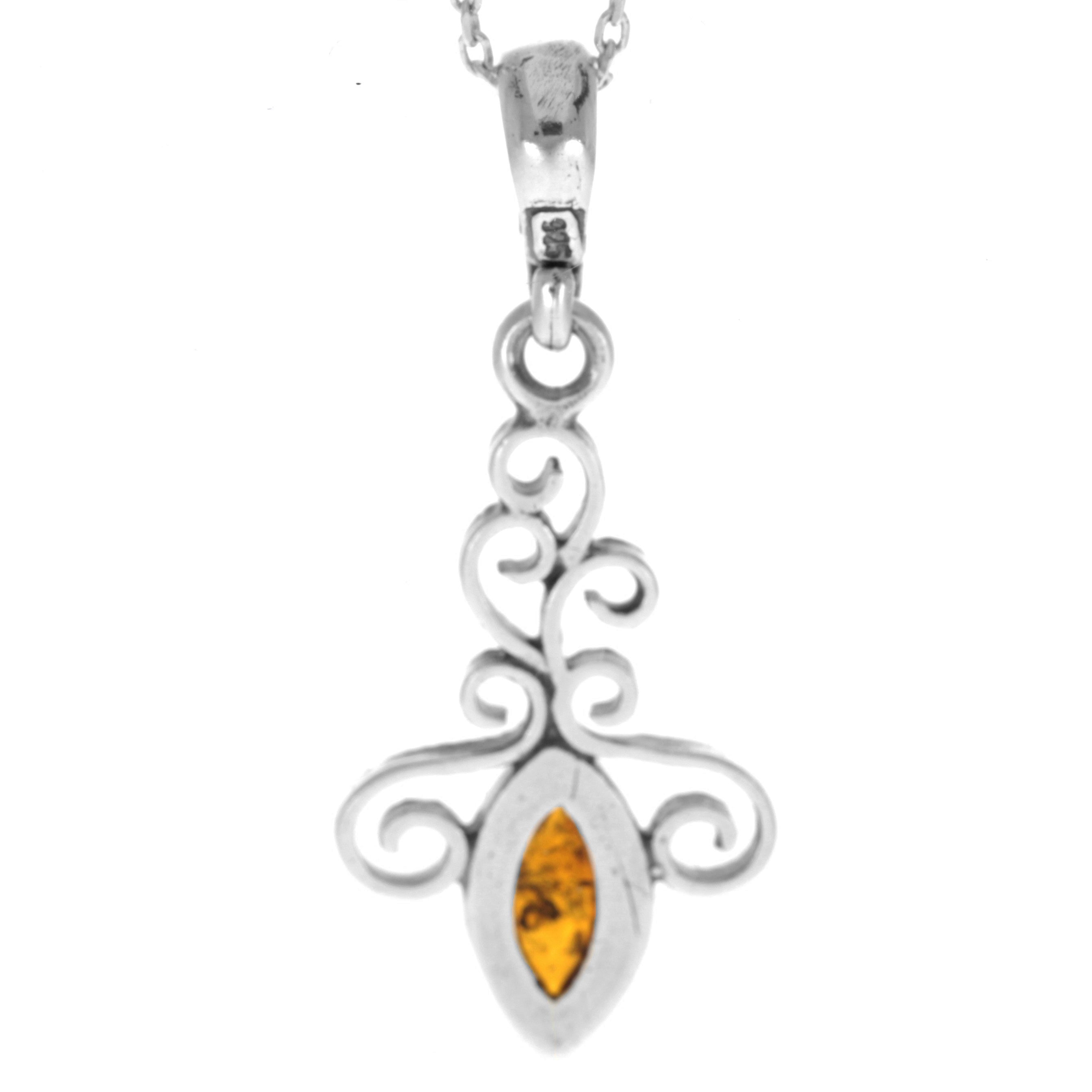 925 Sterling Silver & Genuine Baltic Amber Classic Marquise Pendant - 303