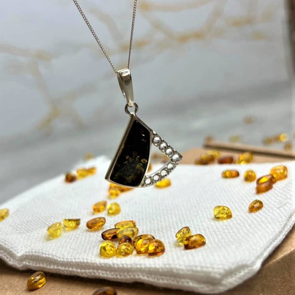 925 Steling Silver & Genuine Baltic Amber with Cubic Zirconia's Modern Pendant - AC214