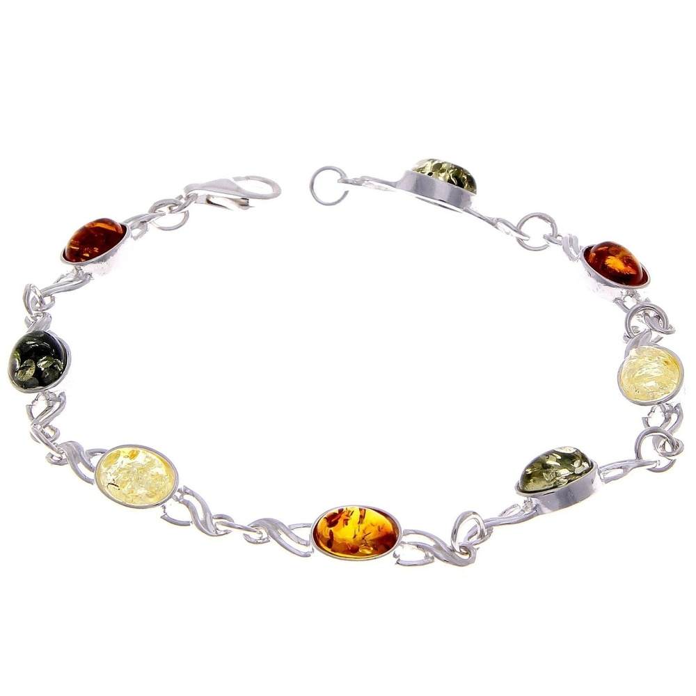 925 Sterling Silver & Genuine Baltic Amber Bracelet Link 21.5 cm - 3178