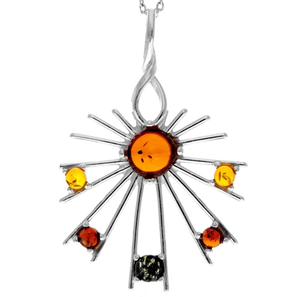 925 Sterling Silver & Genuine Baltic Amber Multi Stone Modern Cross Pendant - 363