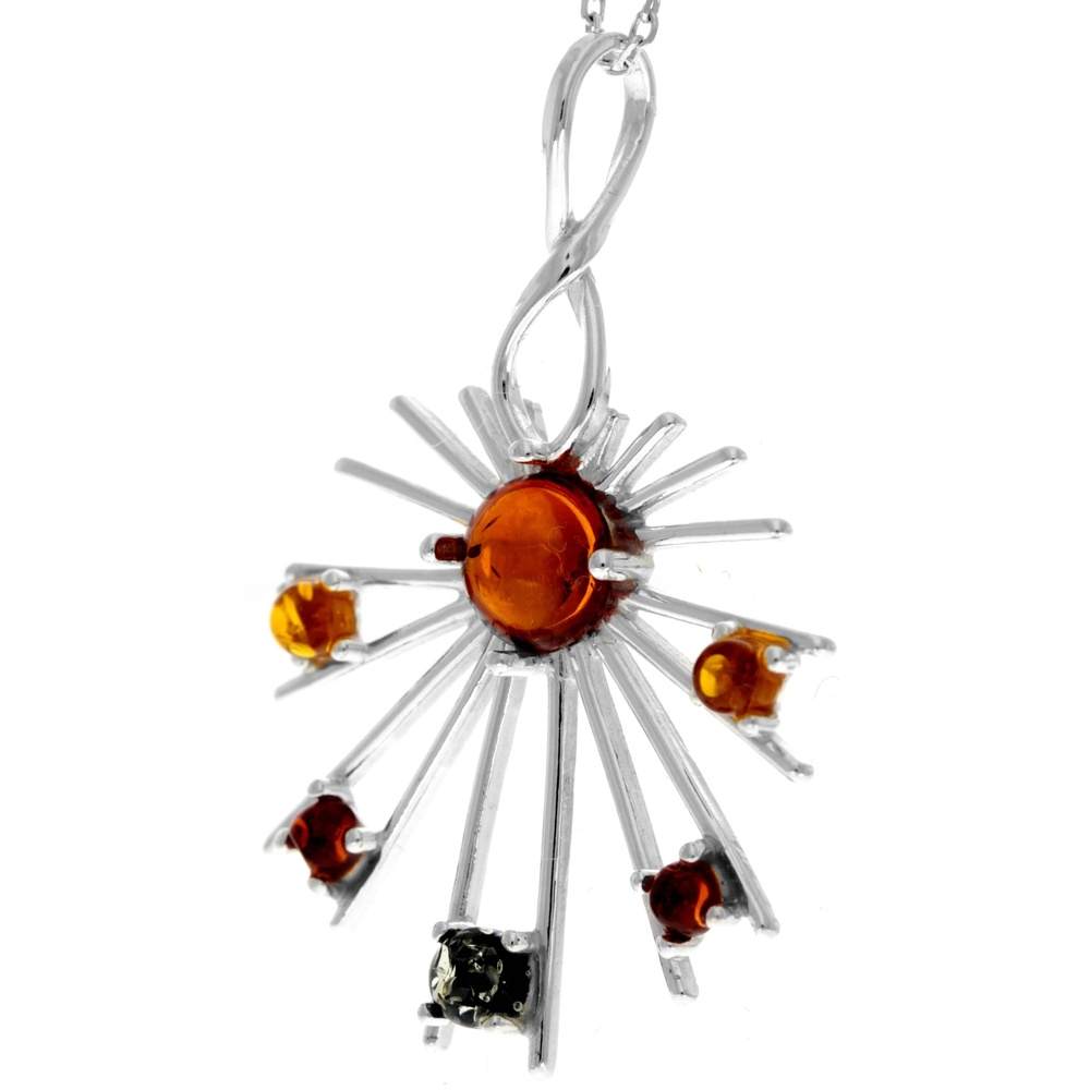 925 Sterling Silver & Genuine Baltic Amber Multi Stone Modern Cross Pendant - 363