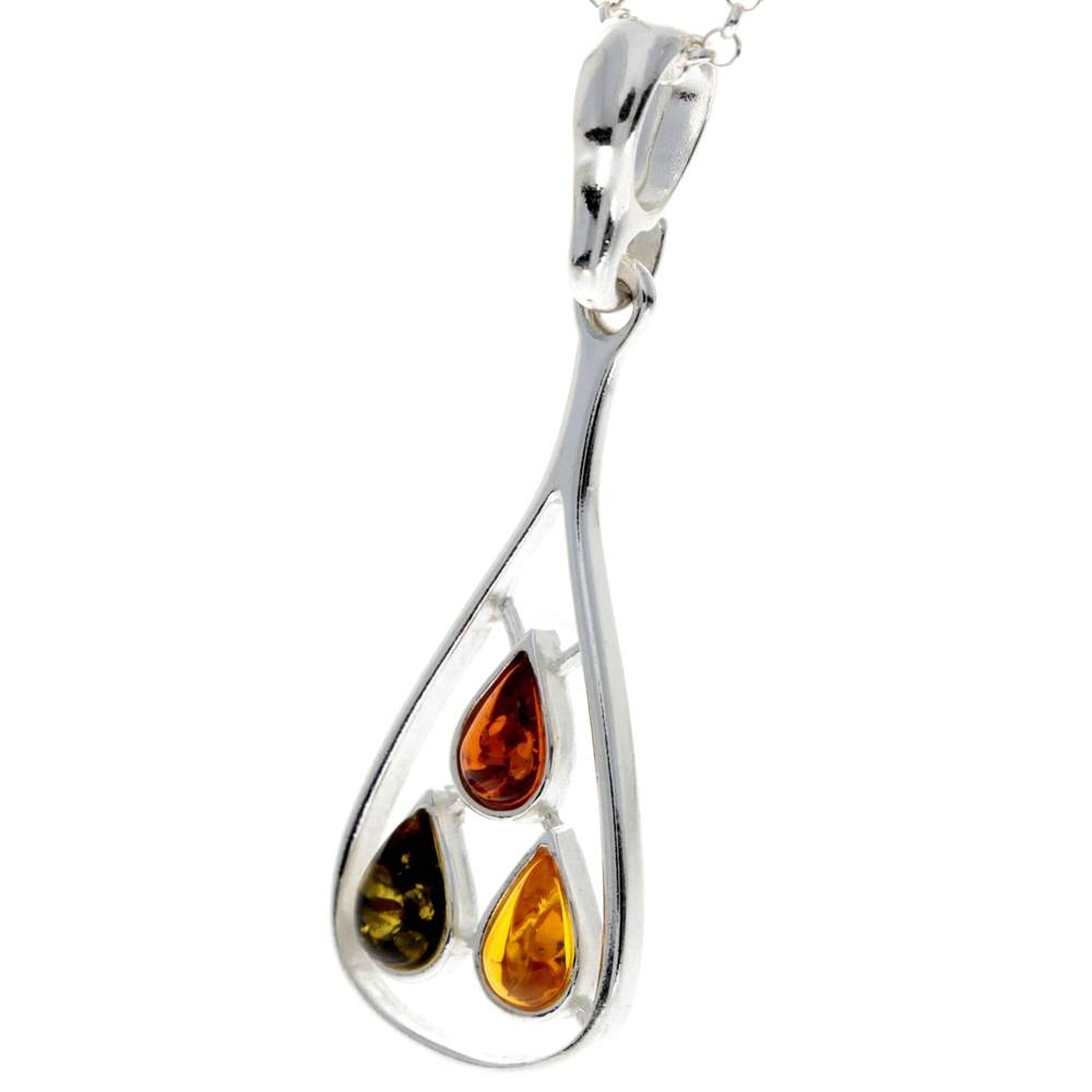 925 Sterling Silver & Genuine Baltic Amber 3 Stone Teardrop Classic Pendant - 397