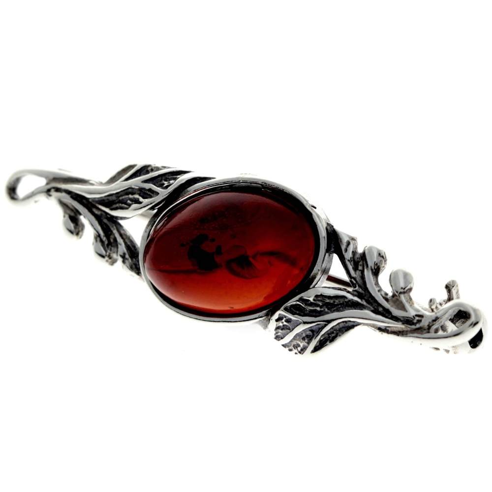 925 Sterling Silver & Genuine Baltic Amber Classic Brooch - 4022