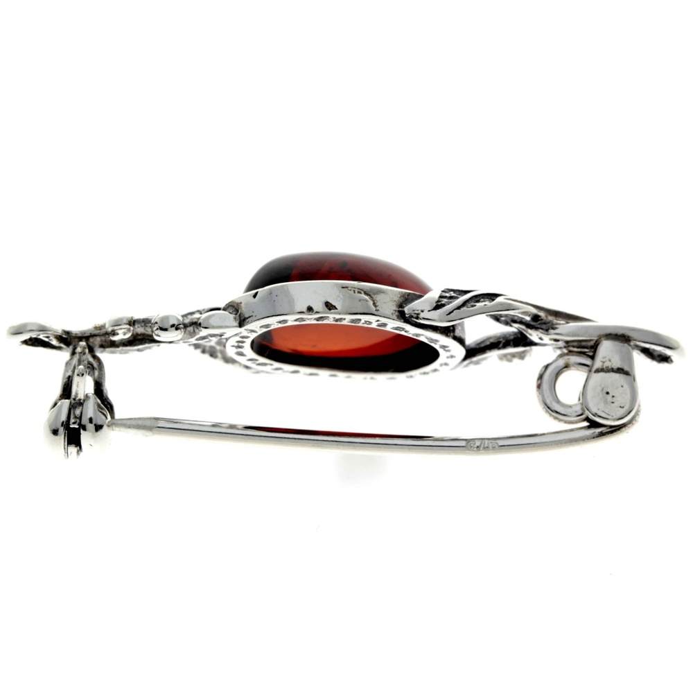 925 Sterling Silver & Genuine Baltic Amber Classic Brooch - 4022