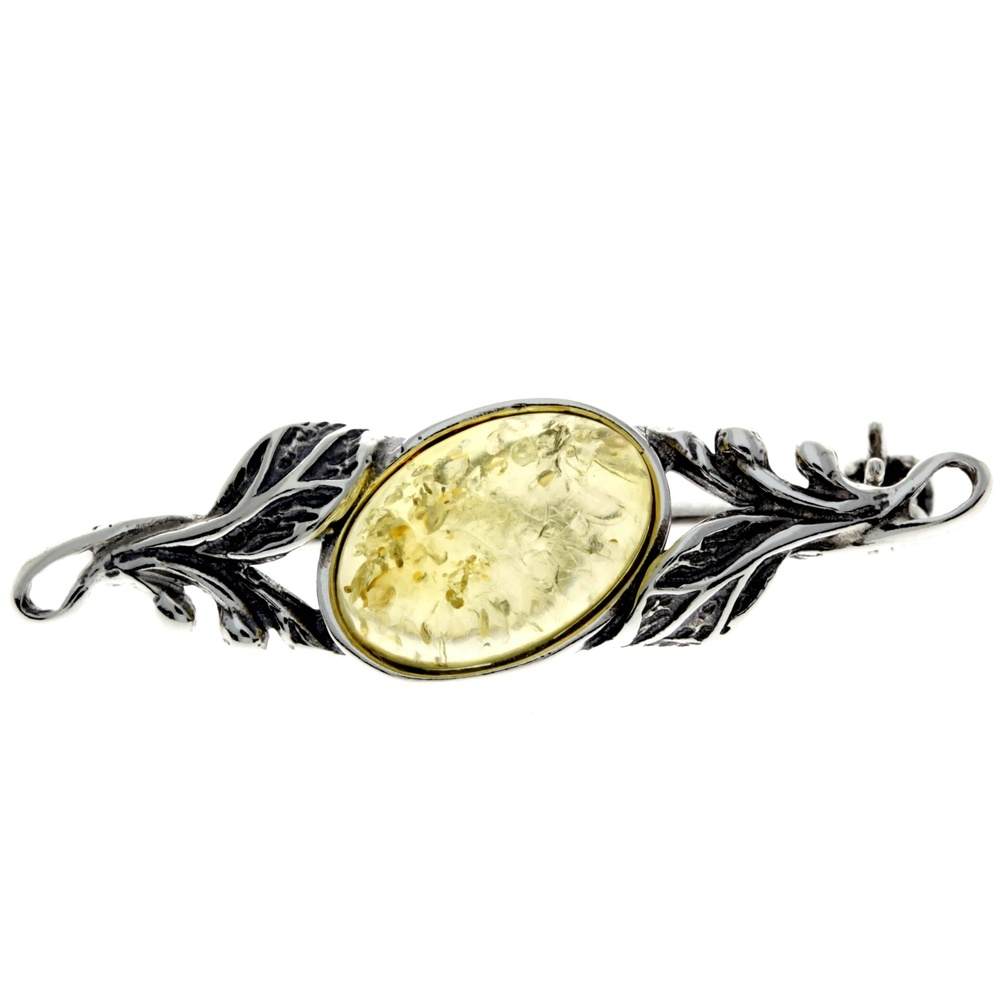 925 Sterling Silver & Genuine Baltic Amber Classic Brooch - 4022