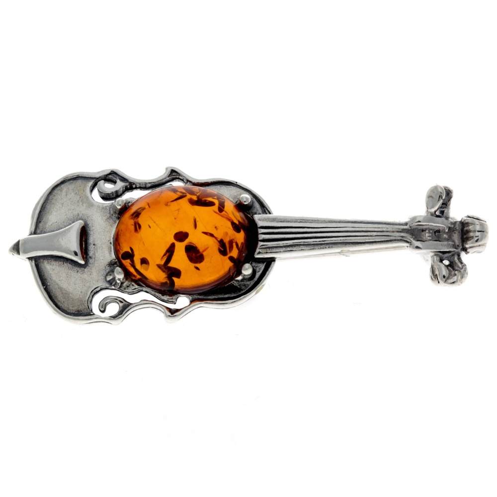 925 Sterling Silver & Genuine Baltic Amber Violin Brooch - 4106