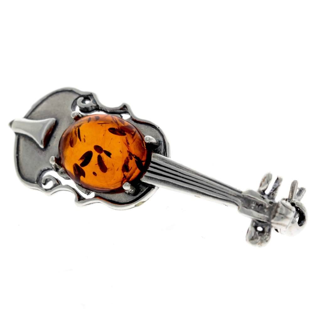 925 Sterling Silver & Genuine Baltic Amber Violin Brooch - 4106