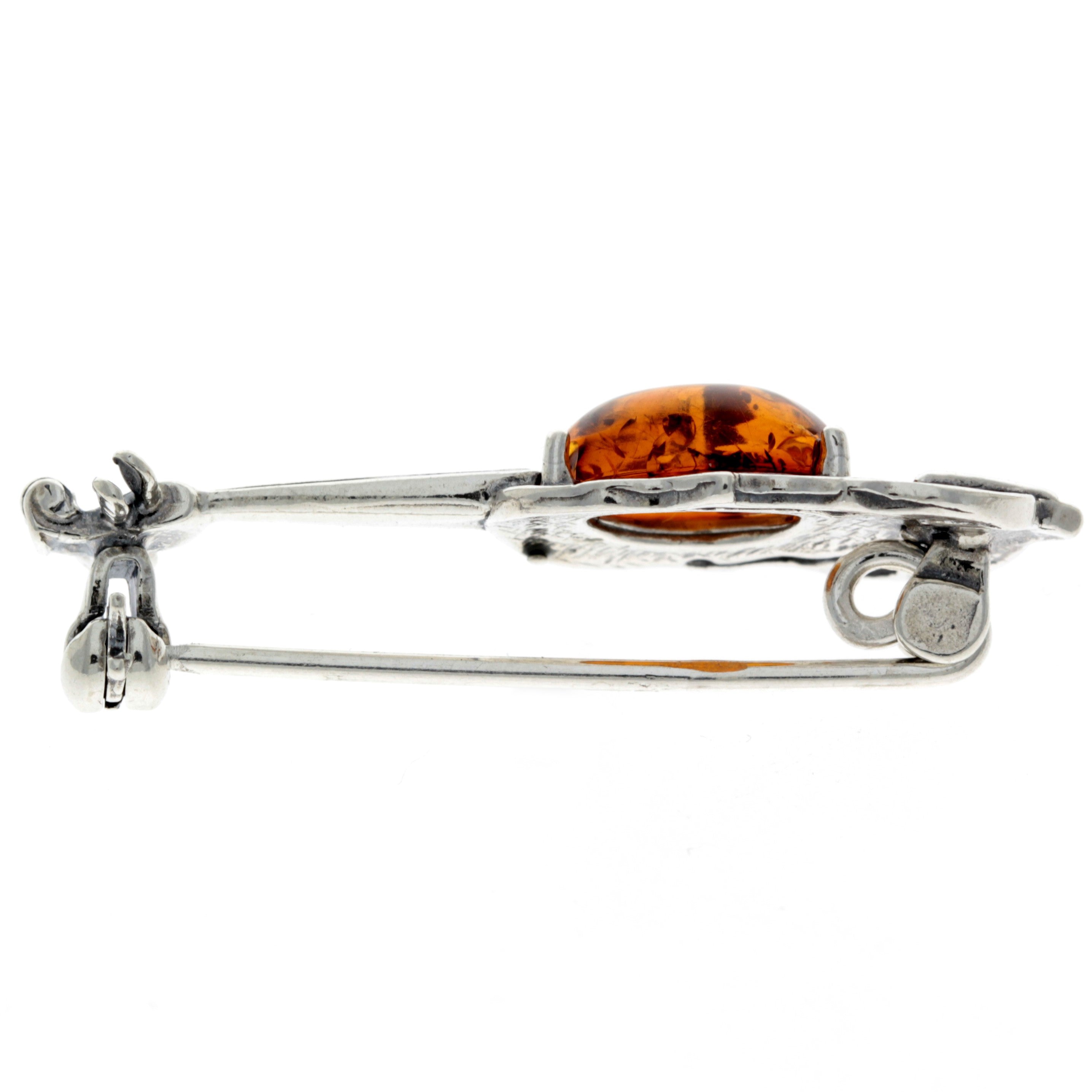 925 Sterling Silver & Genuine Baltic Amber Violin Brooch - 4106