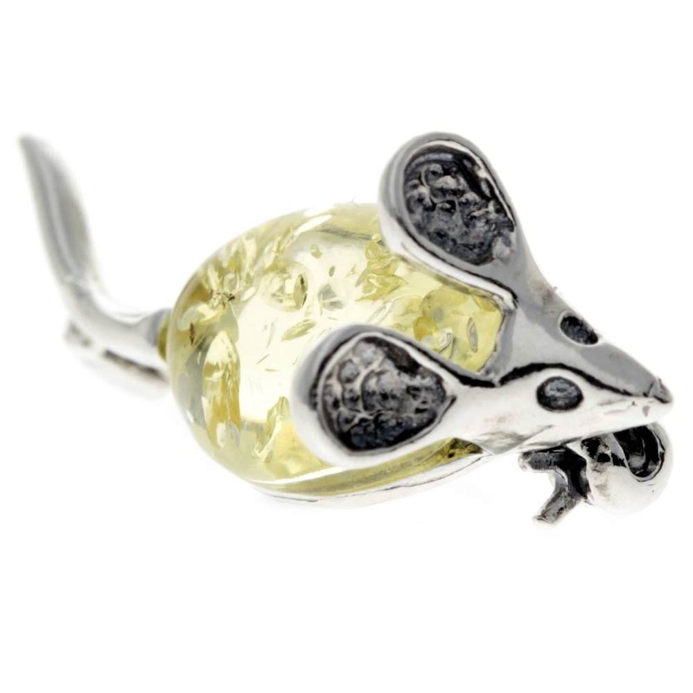 925 Sterling Silver & Baltic Amber Mouse Brooch - 4107