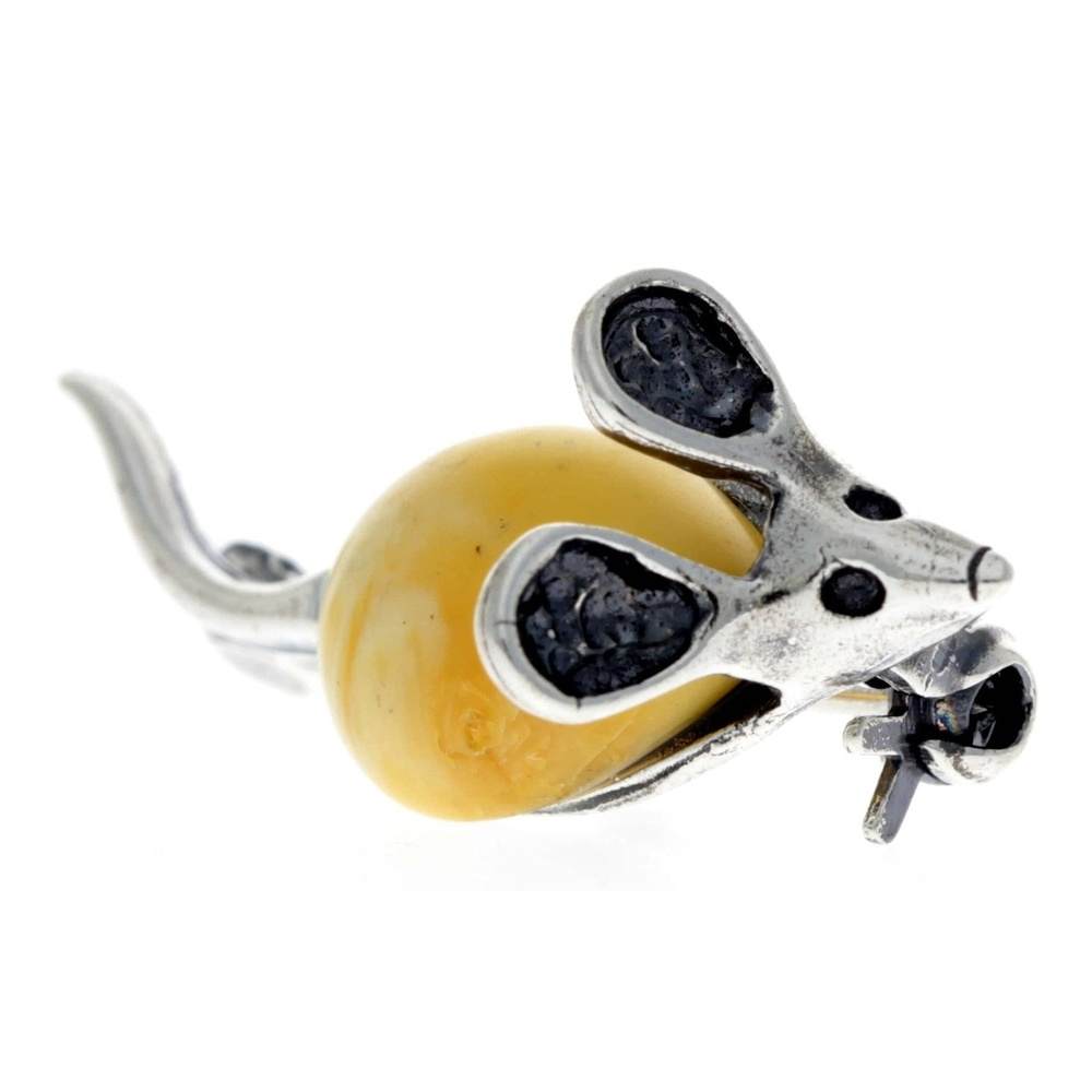 925 Sterling Silver & Baltic Amber Mouse Brooch - 4107