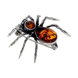 925 Sterling Silver & Baltic Amber Spider Brooch - 4152