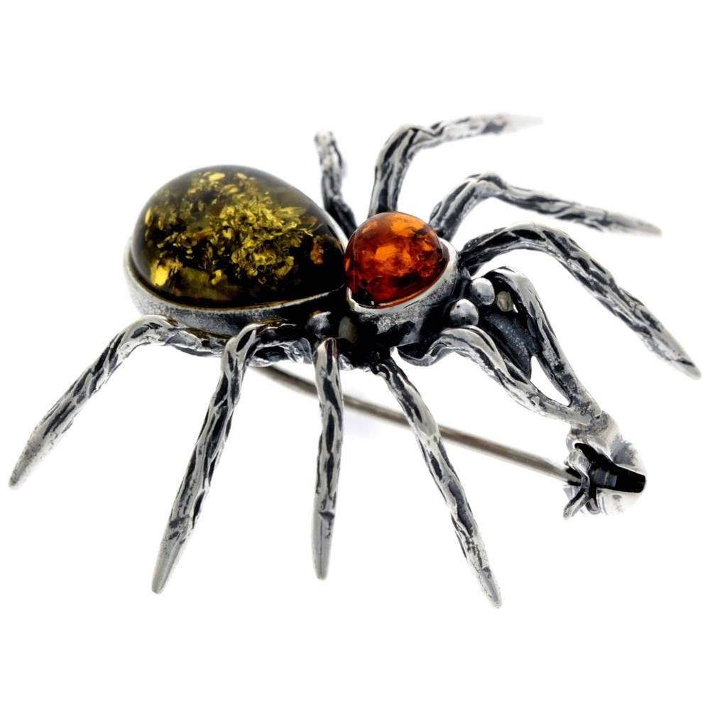 925 Sterling Silver & Baltic Amber Spider Brooch - 4152