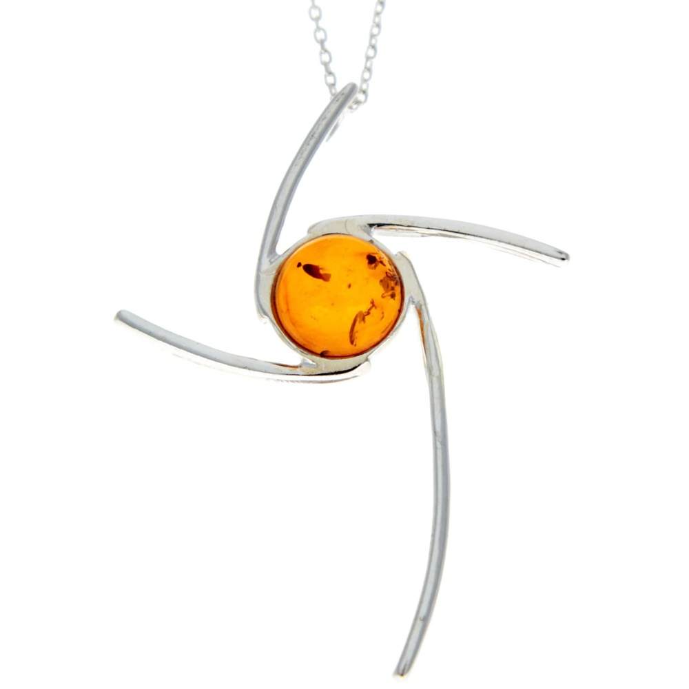 925 Sterling Silver & Genuine Baltic Amber Modern Cross Pendant - 416