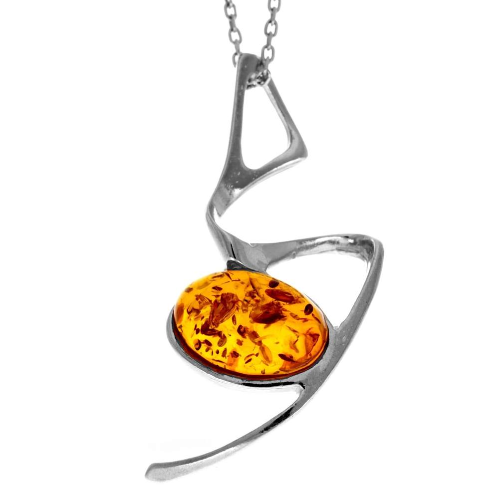 925 Sterling Silver & Genuine Baltic Amber Modern Pendant 447