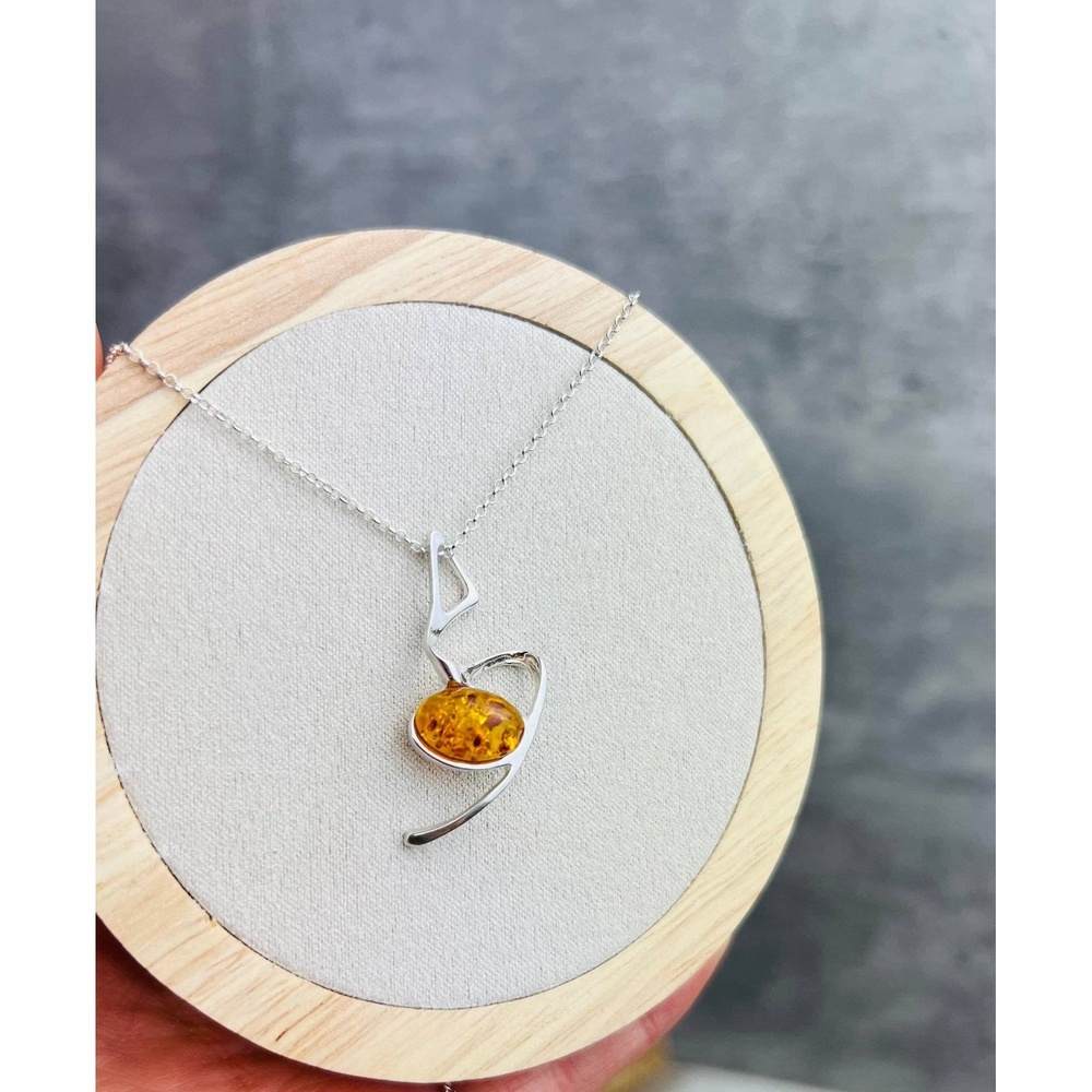 925 Sterling Silver & Genuine Baltic Amber Modern Pendant 447