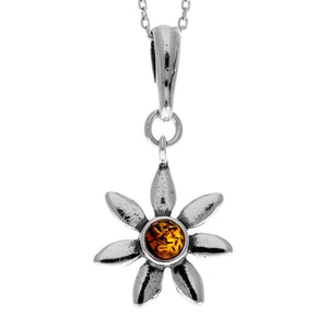 925 Sterling Silver & Genuine Baltic Amber Classic Star / Flower Pendant - 459