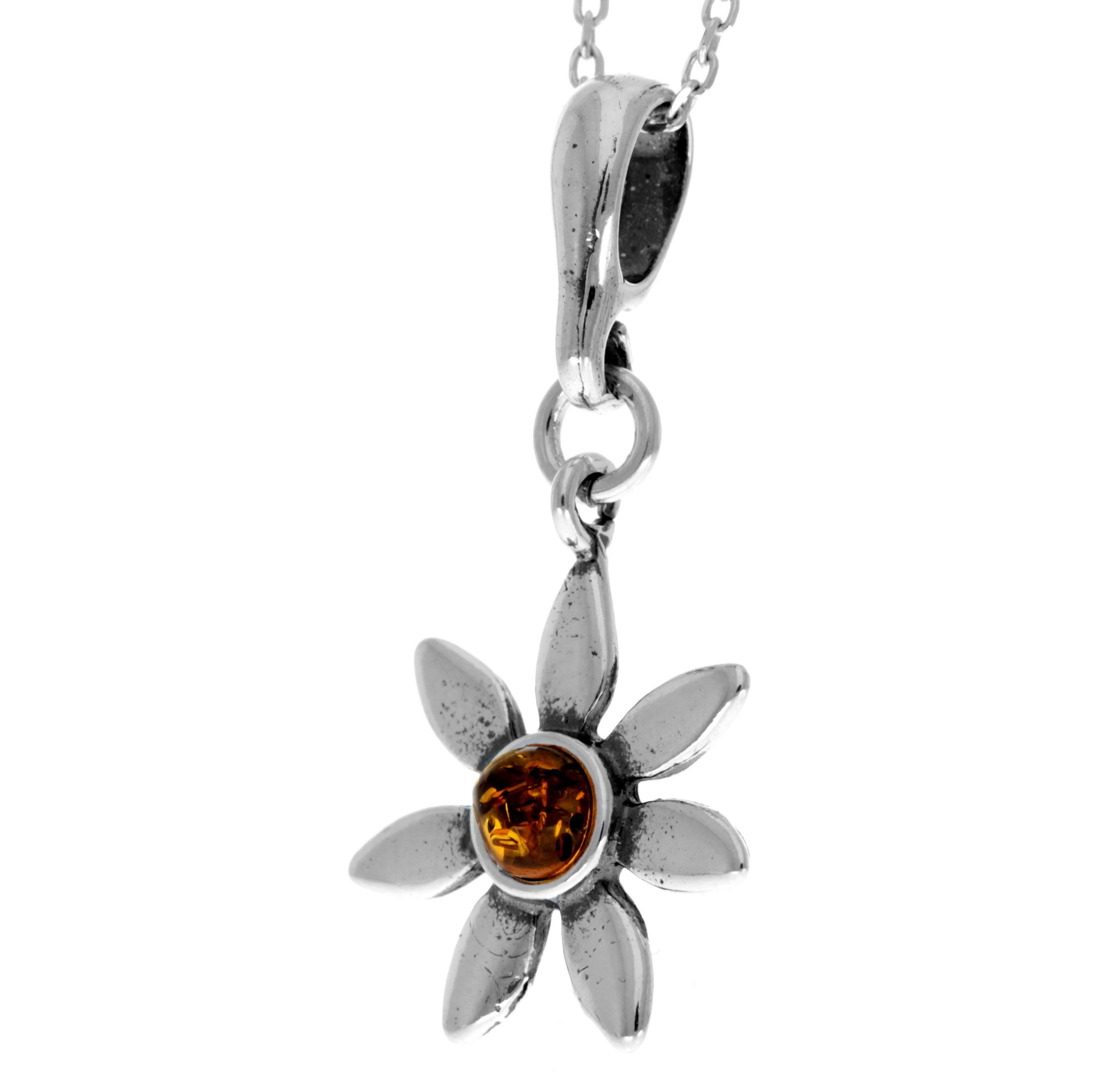 925 Sterling Silver & Genuine Baltic Amber Classic Star / Flower Pendant - 459