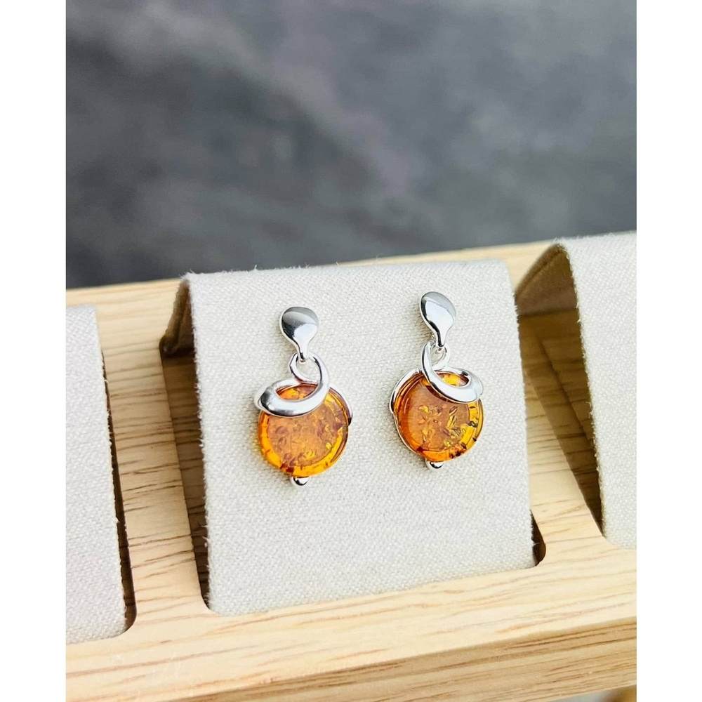 925 Sterling Silver & Genuine Baltic Amber Modern Studs Dangling Earrings - GL1019