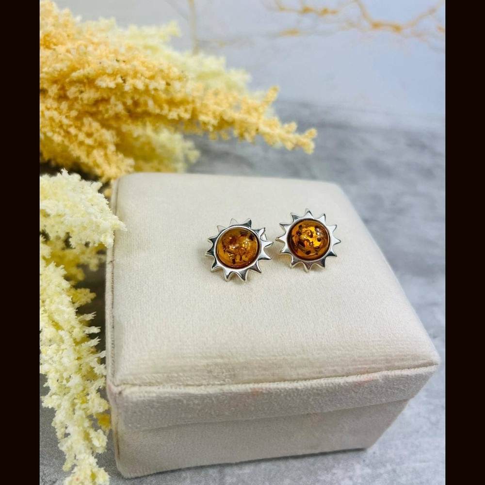 925 Sterling Silver & Genuine Baltic Amber Classic Suns Studs Earrings - 5205