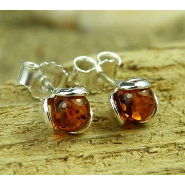 925 Sterling Silver & Baltic Amber Ball Earrings - 5966