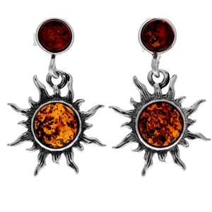 925 Sterling Silver & Genuine Baltic Amber Sun / Star Drop Earrings 5334