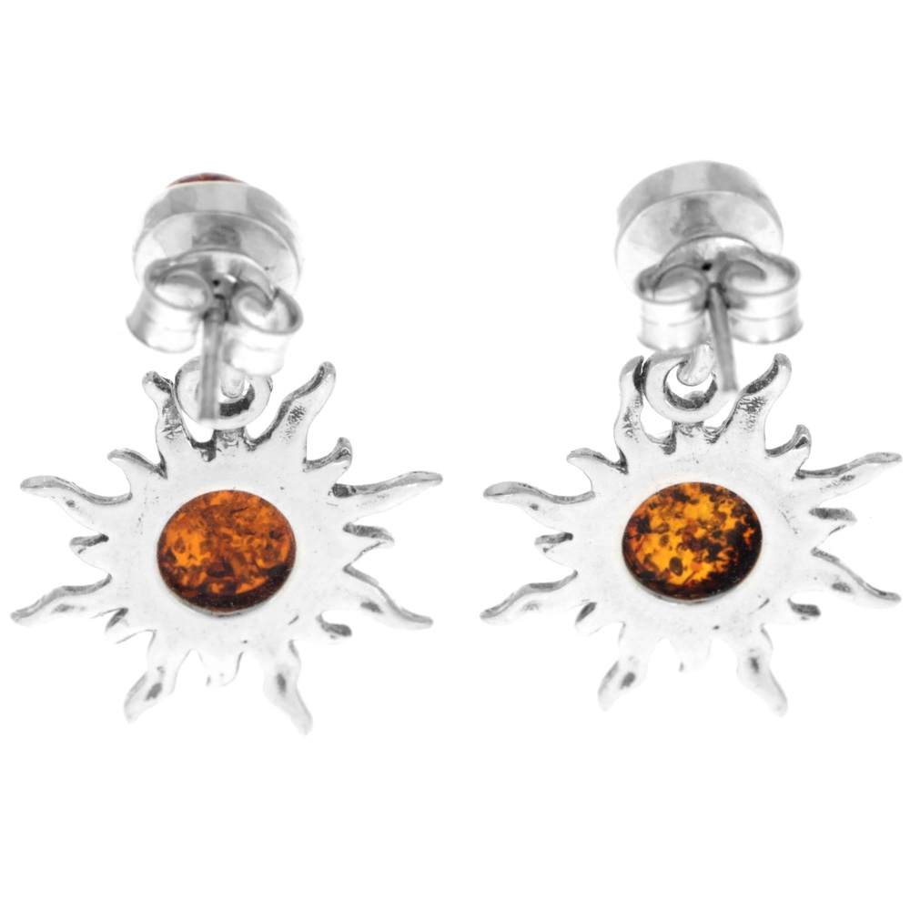 925 Sterling Silver & Genuine Baltic Amber Sun / Star Drop Earrings 5334