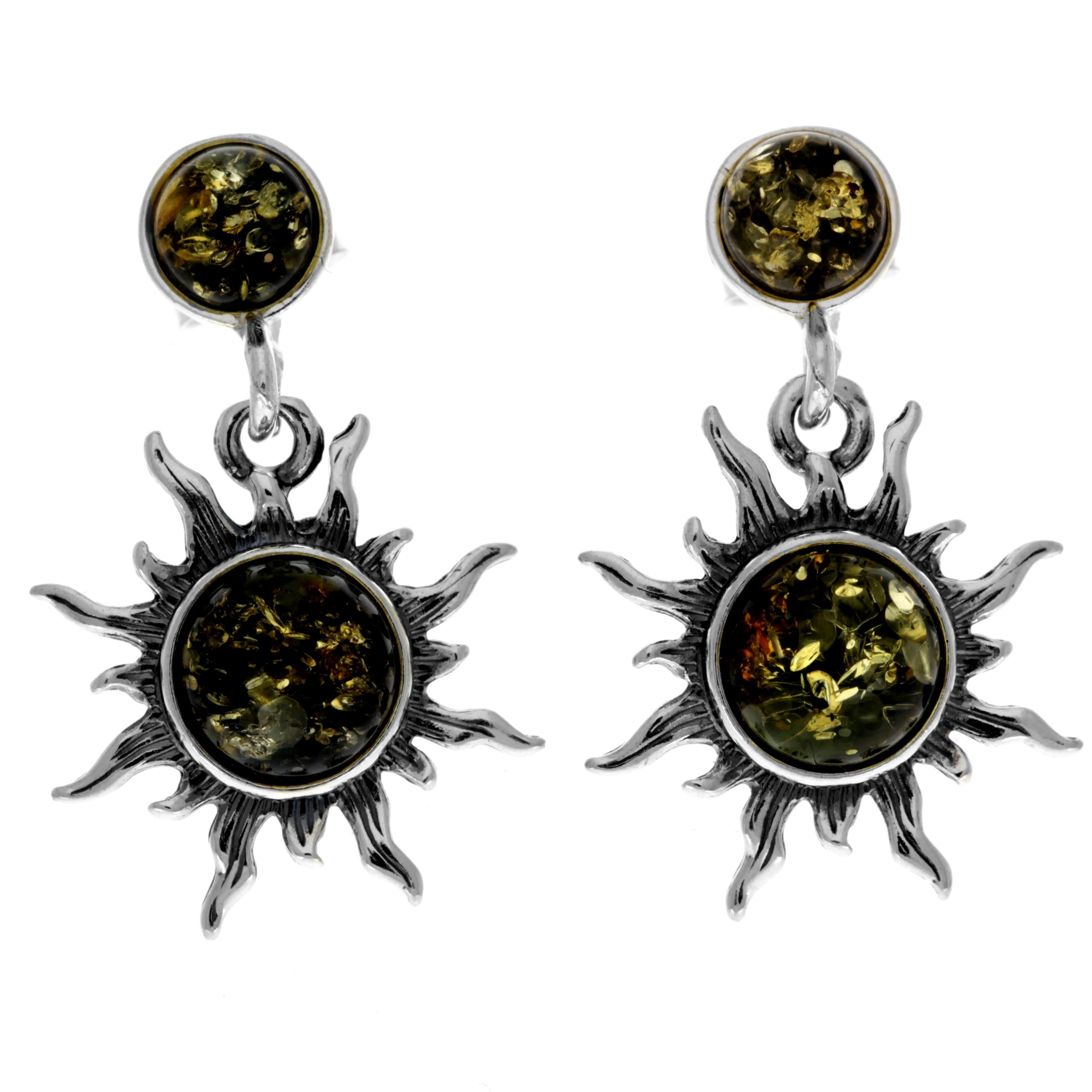 925 Sterling Silver & Genuine Baltic Amber Sun / Star Drop Earrings 5334