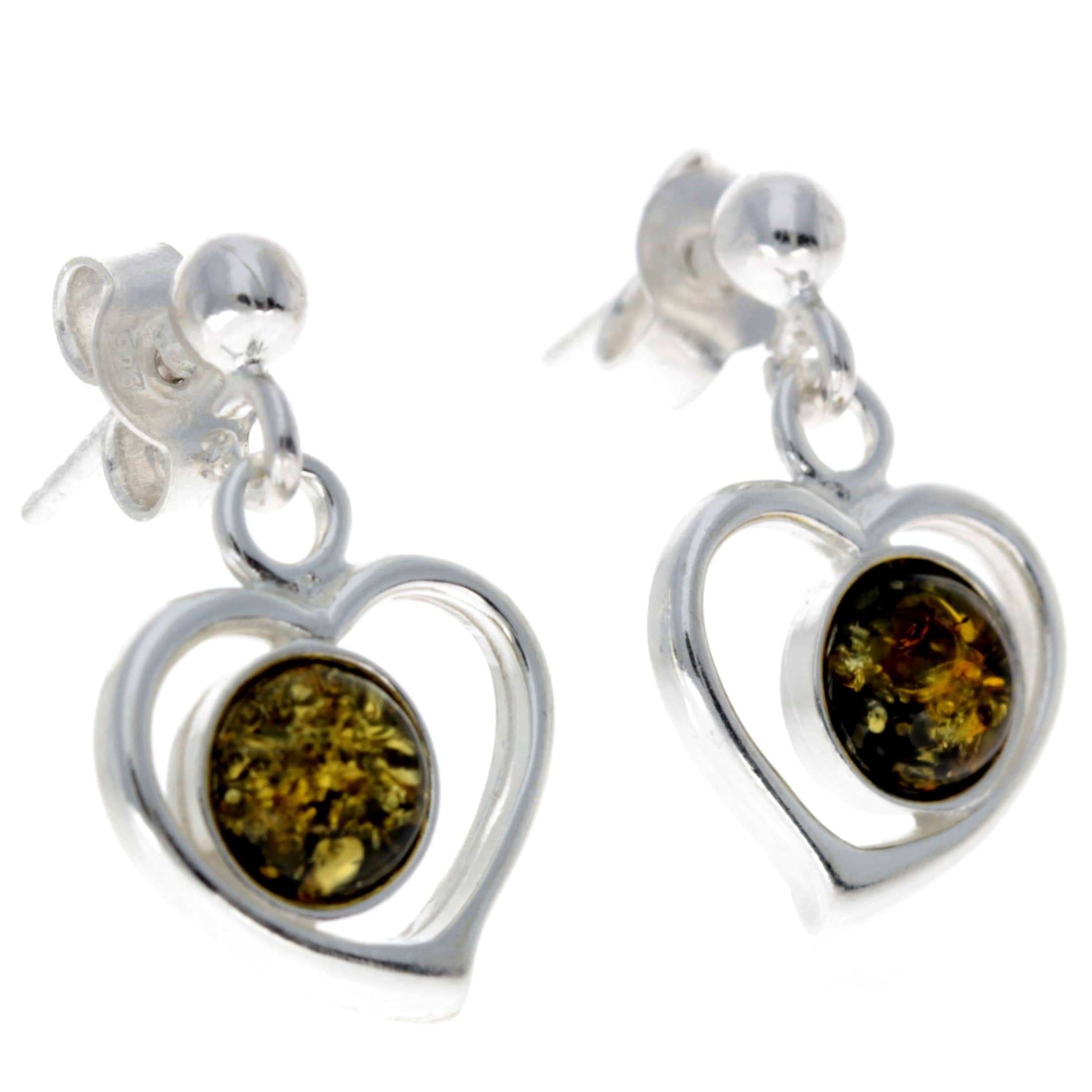 925 Sterling Silver & Genuine Baltic Amber Classic Hearts Drop Earrings - 5348