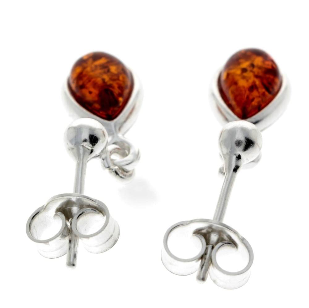 925 Sterling Silver & Genuine Baltic Amber Classic Teardrop Drop Earrings - 5382