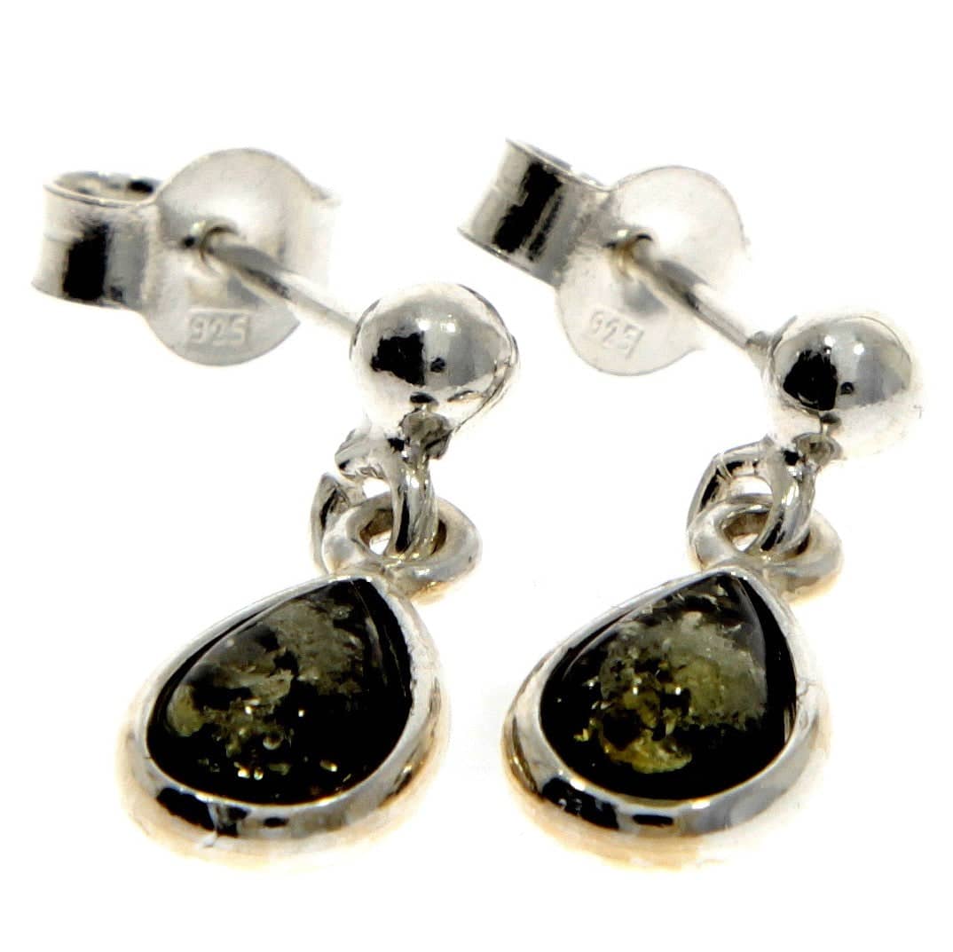 925 Sterling Silver & Genuine Baltic Amber Classic Teardrop Drop Earrings - 5382