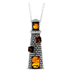 925 Sterling Silver & Genuine Baltic Amber Lighthouse-542