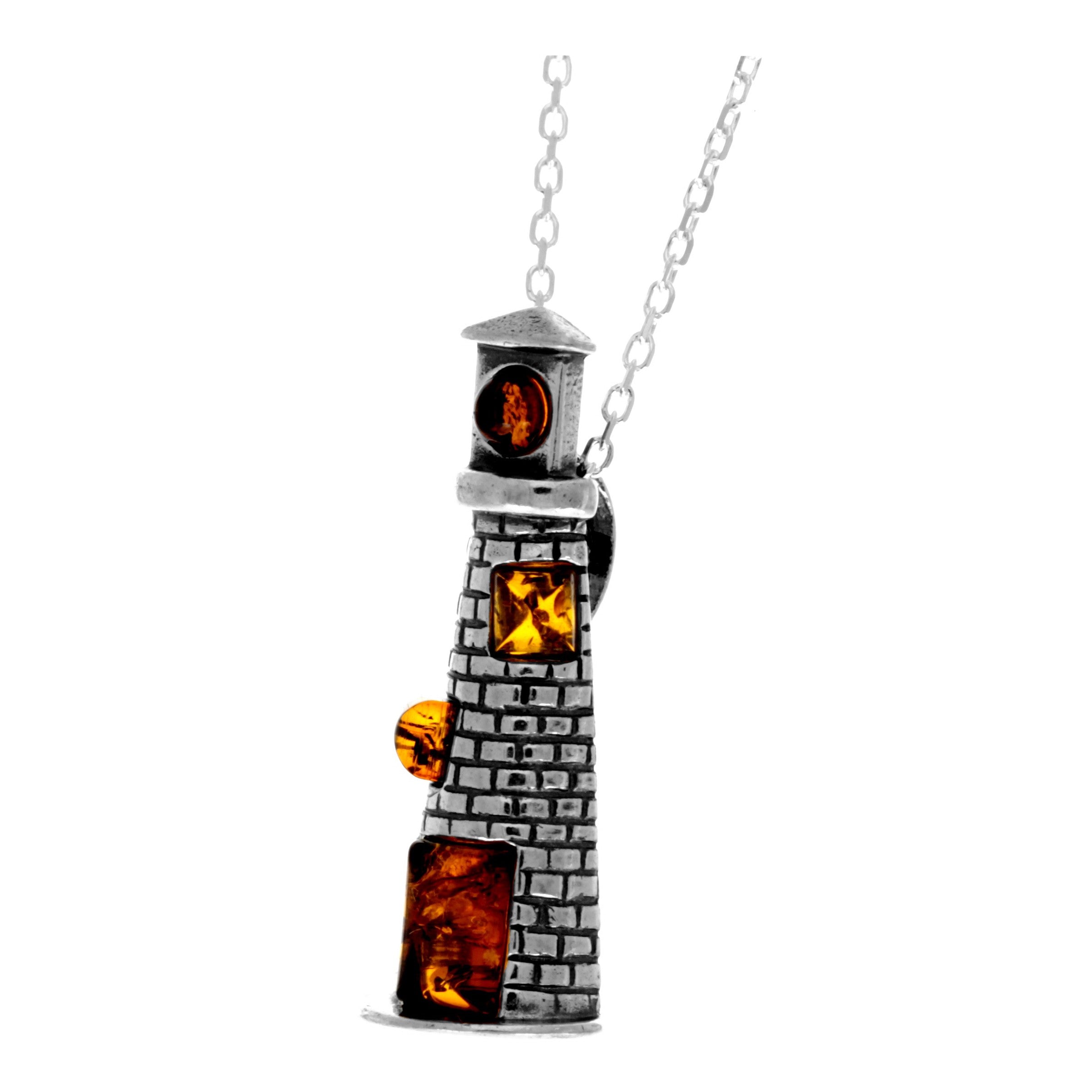 925 Sterling Silver & Genuine Baltic Amber Lighthouse-542