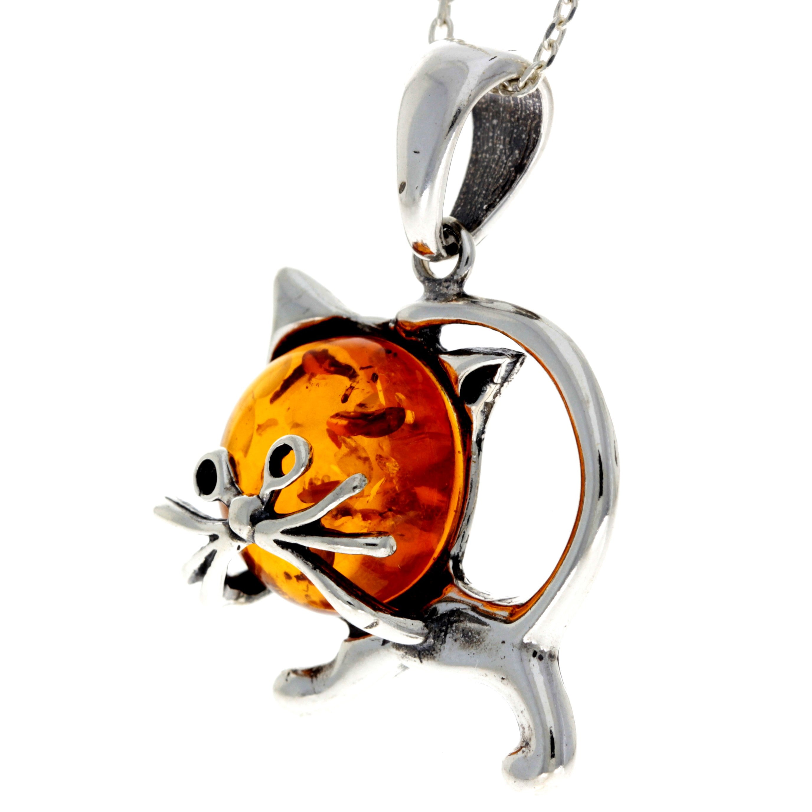 925 Sterling Silver & Genuine Baltic Amber Pussycat Sweet Pendant - 550