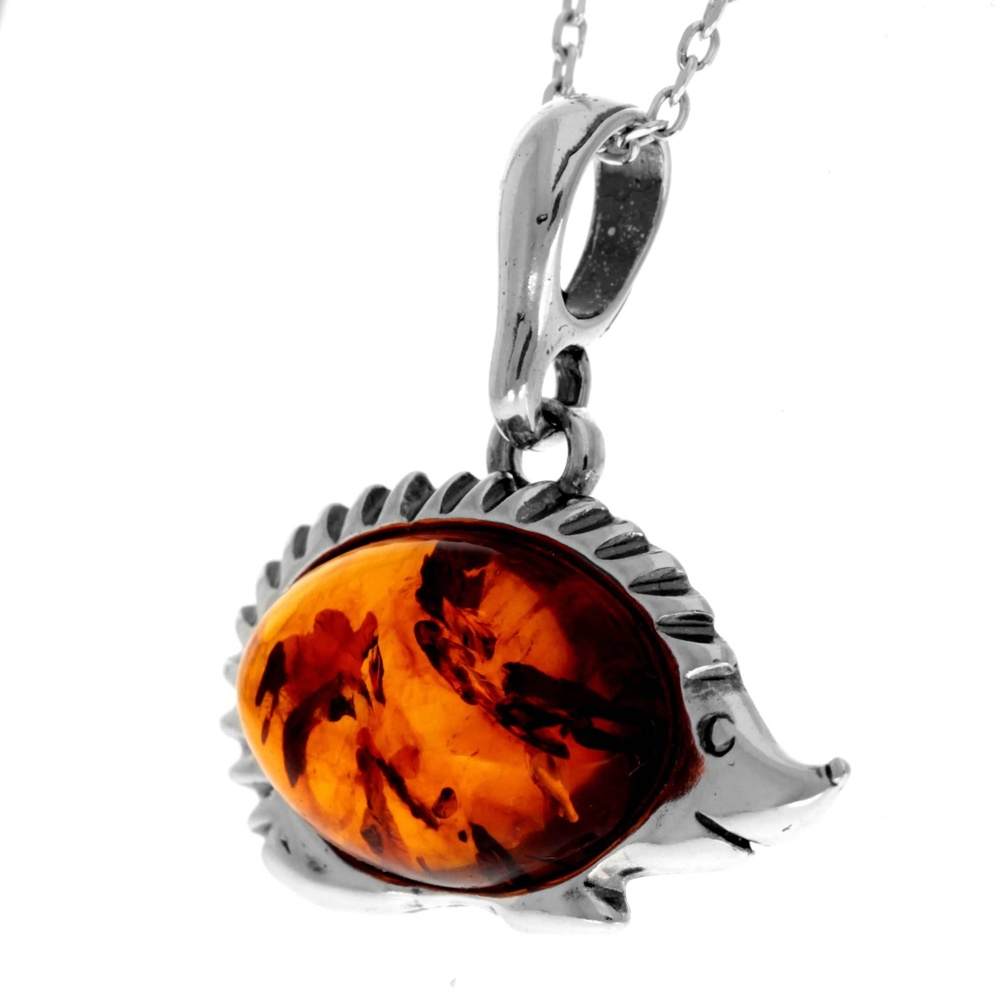 925 Sterling Silver & Genuine Baltic Amber Classic Hedgehog Pendant - 552