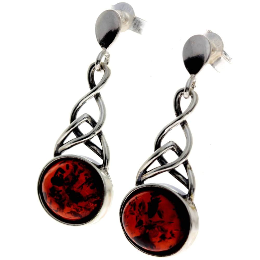 925 Sterling Silver & Genuine Baltic Amber Celtic Drop Earrings - 5917