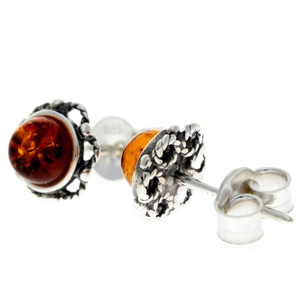 925 Sterling Silver & Genuine Baltic Amber Classic Round Studs Earrings - 5940