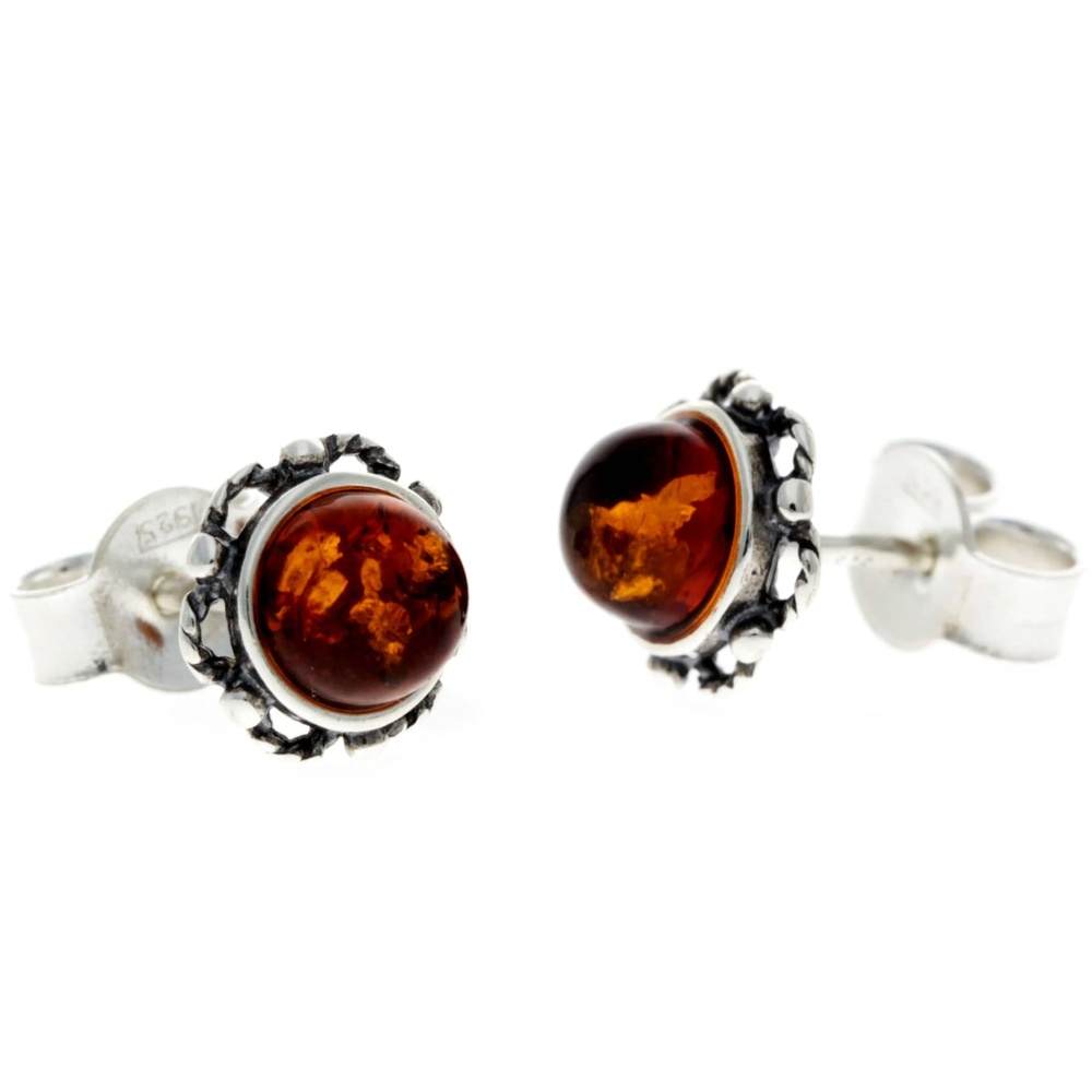 925 Sterling Silver & Genuine Baltic Amber Classic Round Studs Earrings - 5940