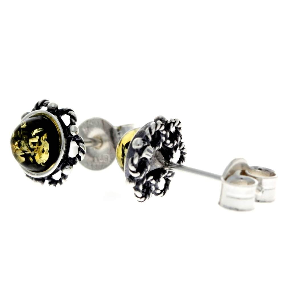 925 Sterling Silver & Genuine Baltic Amber Classic Round Studs Earrings - 5940