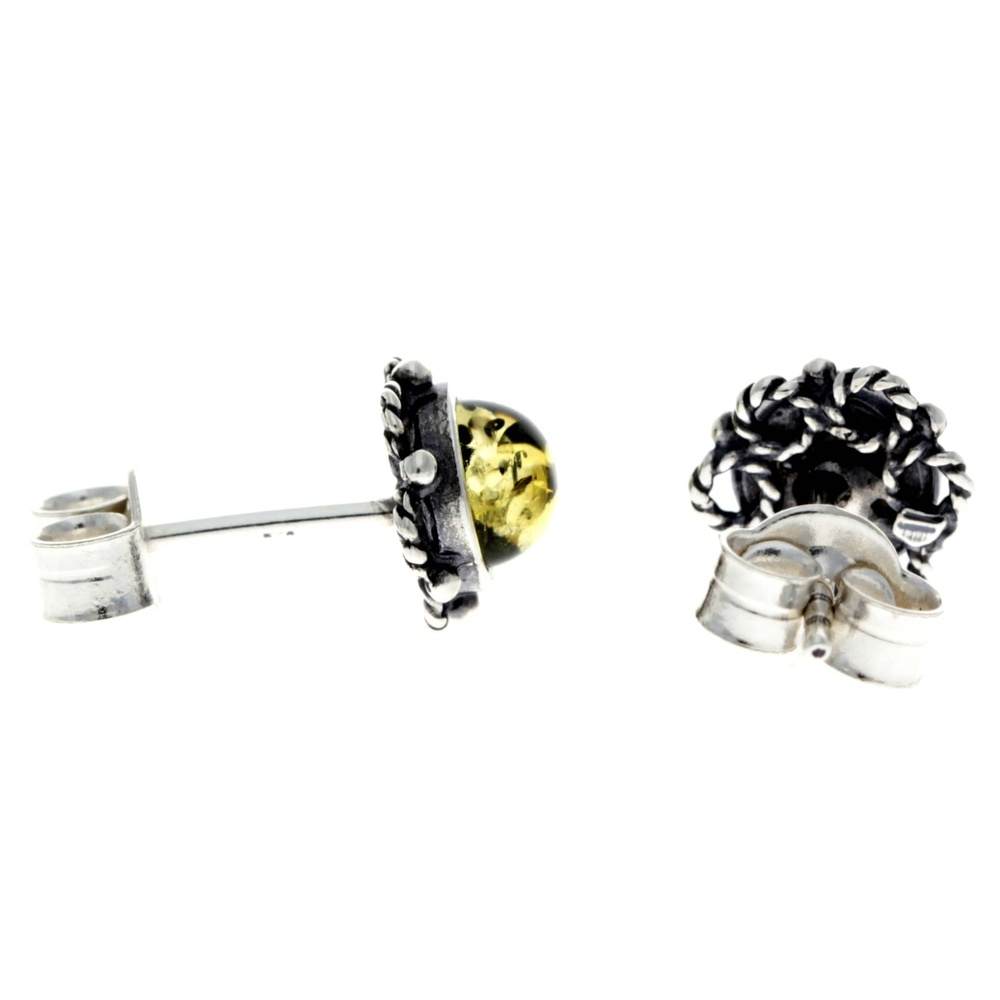 925 Sterling Silver & Genuine Baltic Amber Classic Round Studs Earrings - 5940